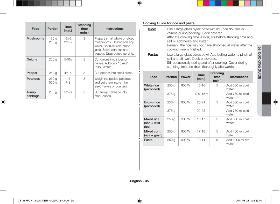 Samsung CE118PFCX1/SWS manual Cooking Guide, Time Instructions Min, Time Standing Food Portion Power 