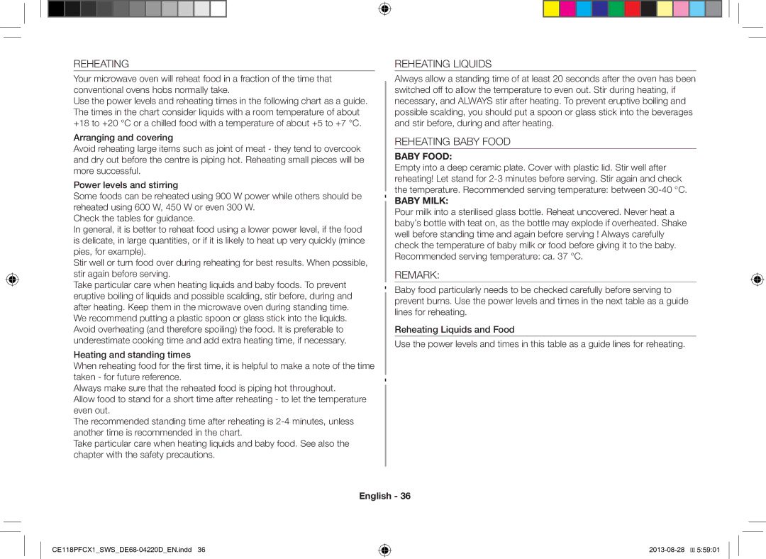 Samsung CE118PFCX1/SWS manual Reheating Liquids, Reheating Baby Food, Remark 