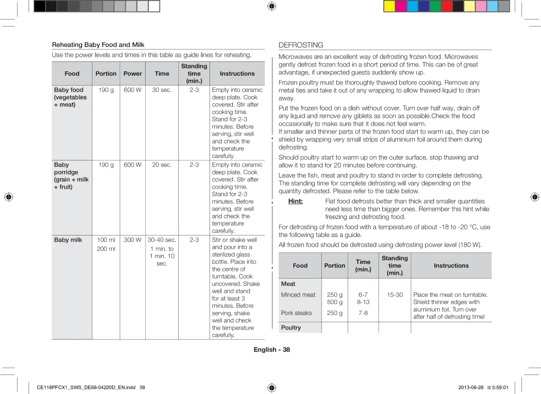 Samsung CE118PFCX1/SWS manual Defrosting, Standing Food, Power Time Instructions 