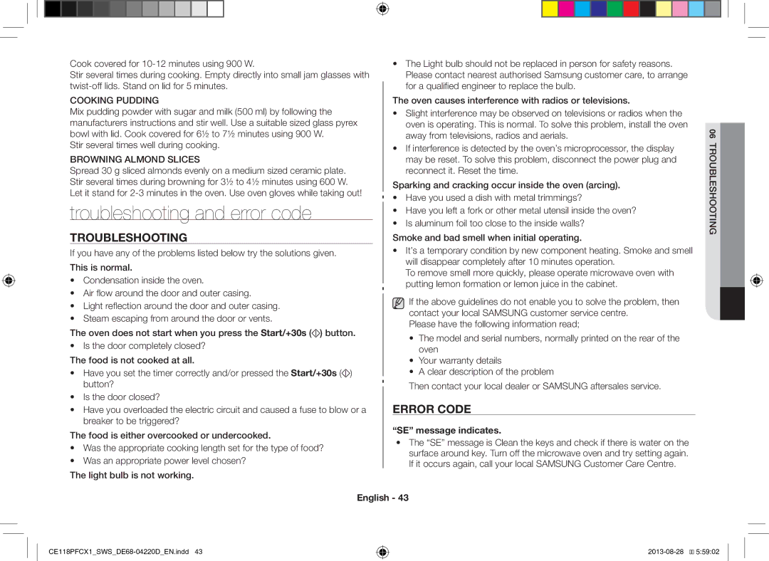 Samsung CE118PFCX1/SWS manual Troubleshooting and error code, Error Code, SE message indicates 