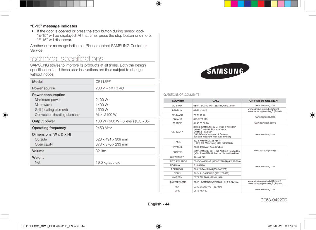 Samsung CE118PFCX1/SWS manual Technical specifications, Message indicates, Model 