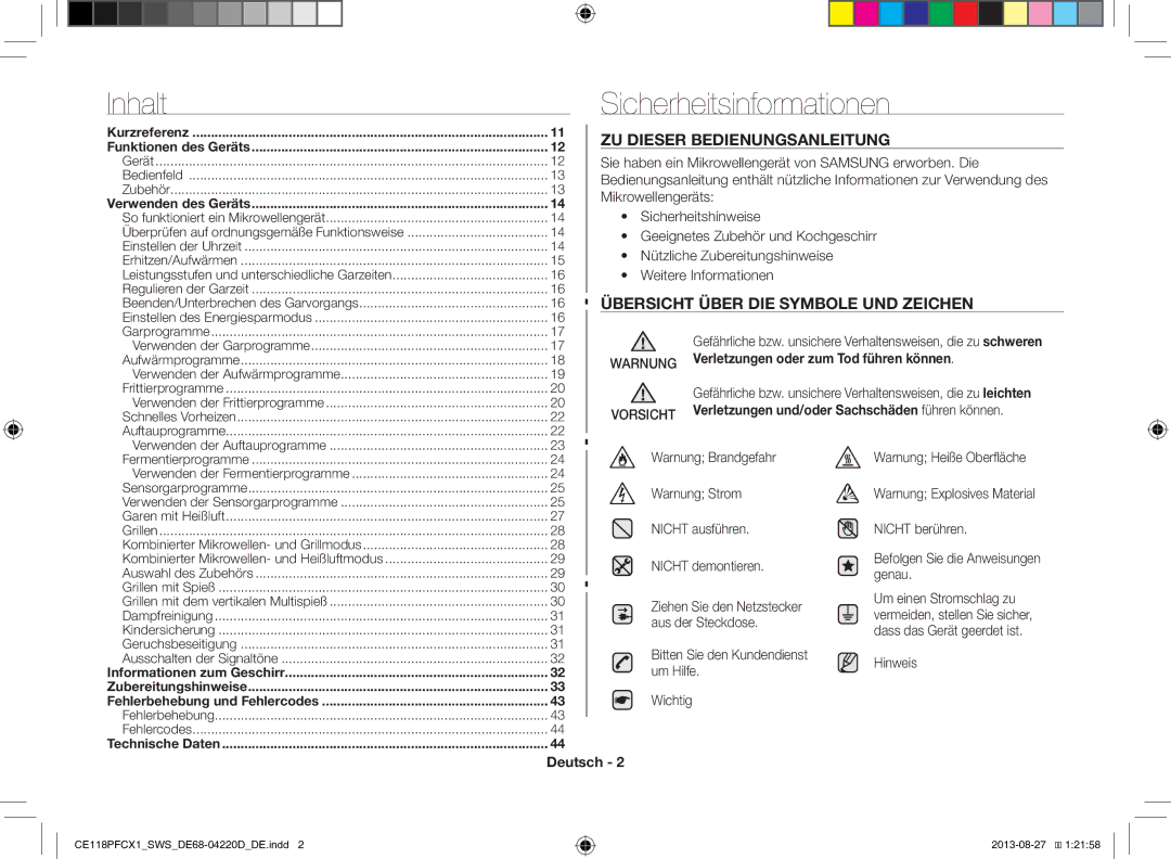 Samsung CE118PFCX1/SWS manual Sicherheitsinformationen, Warnung, Verletzungen oder zum Tod führen können, Vorsicht, Deutsch 