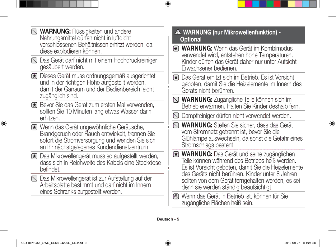 Samsung CE118PFCX1/SWS manual Dampfreiniger dürfen nicht verwendet werden, Warnung nur Mikrowellenfunktion Optional 