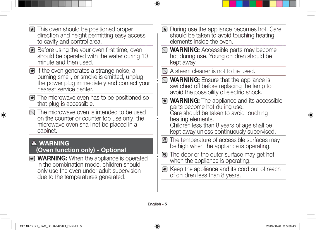 Samsung CE118PFCX1/SWS manual Oven function only Optional 