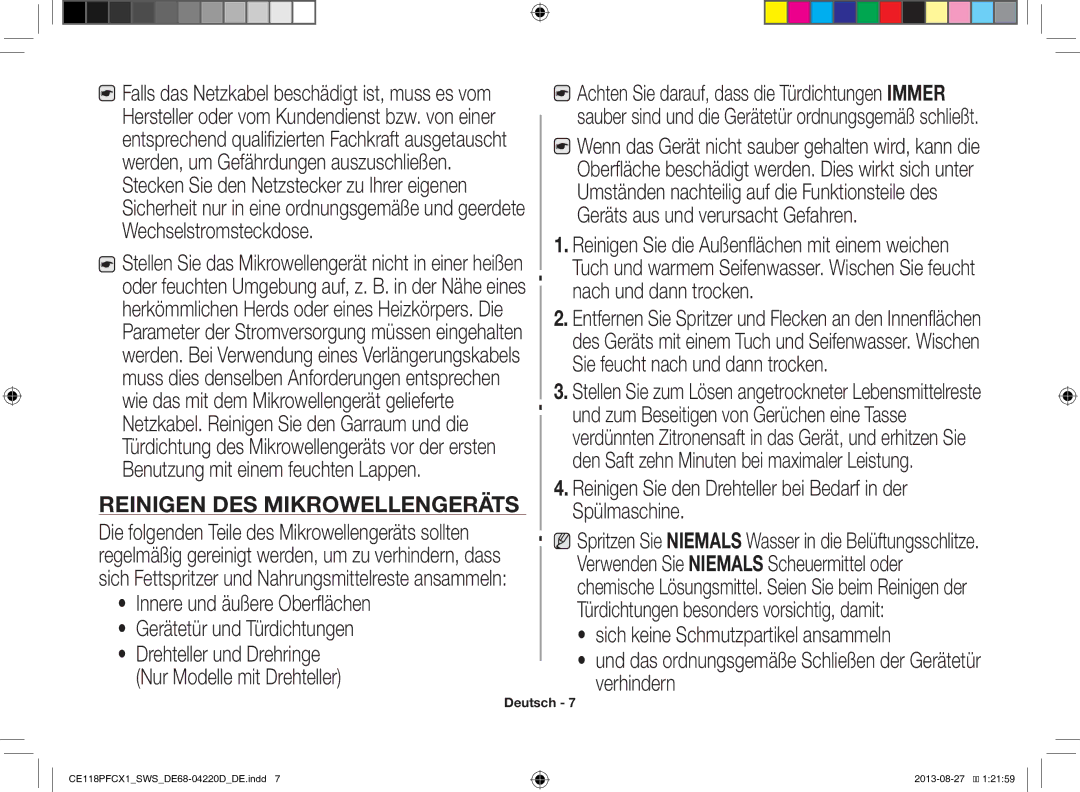 Samsung CE118PFCX1/SWS manual Reinigen DES Mikrowellengeräts, Innere und äußere Oberflächen Gerätetür und Türdichtungen 