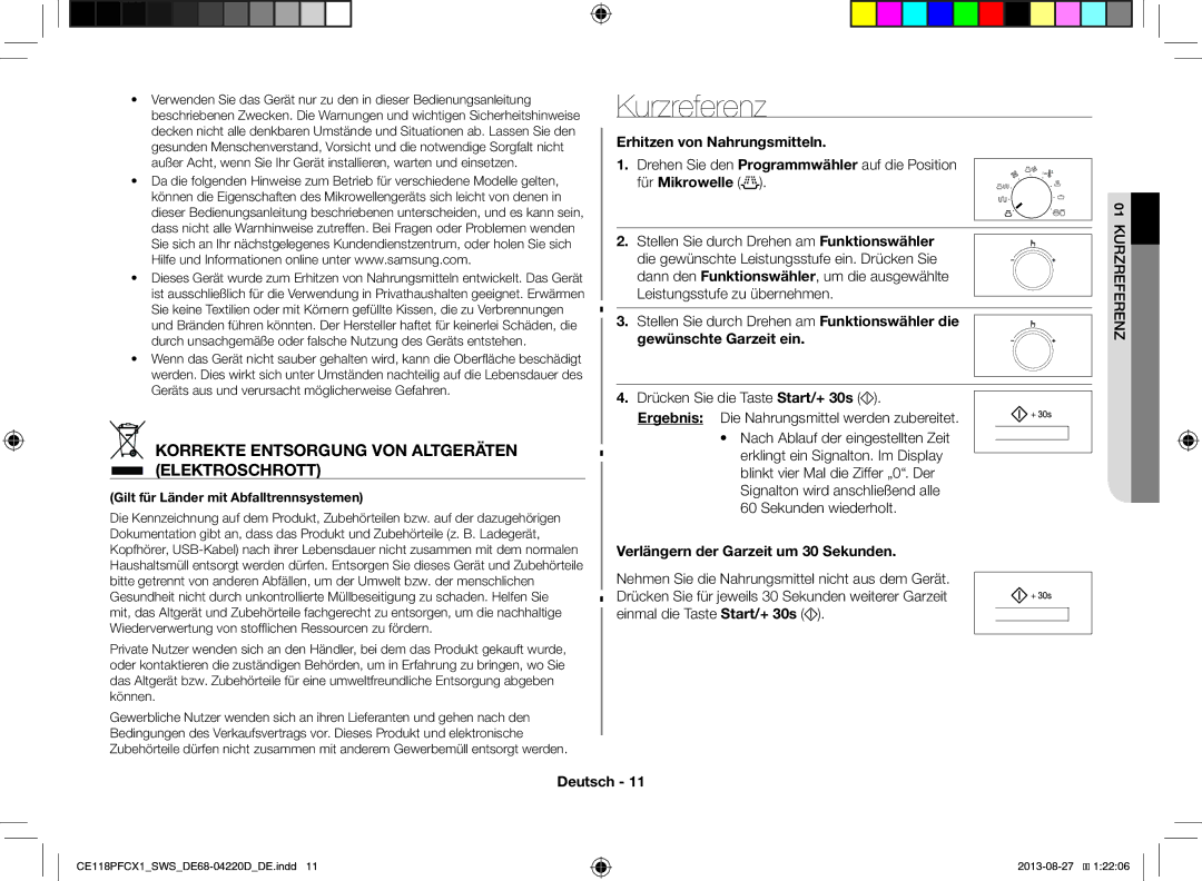 Samsung CE118PFCX1/SWS manual Kurzreferenz, Erhitzen von Nahrungsmitteln, Verlängern der Garzeit um 30 Sekunden 