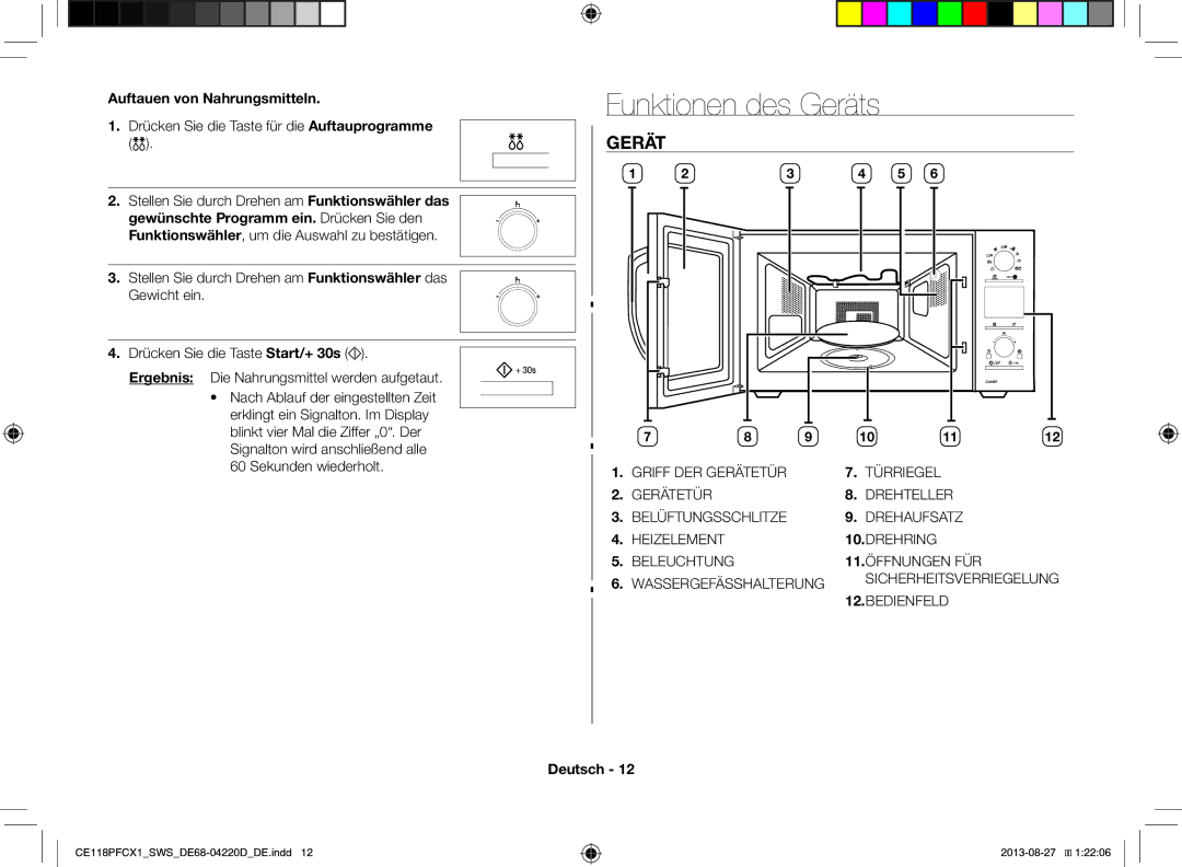 Samsung CE118PFCX1/SWS Funktionen des Geräts, Auftauen von Nahrungsmitteln, Drücken Sie die Taste für die Auftauprogramme 