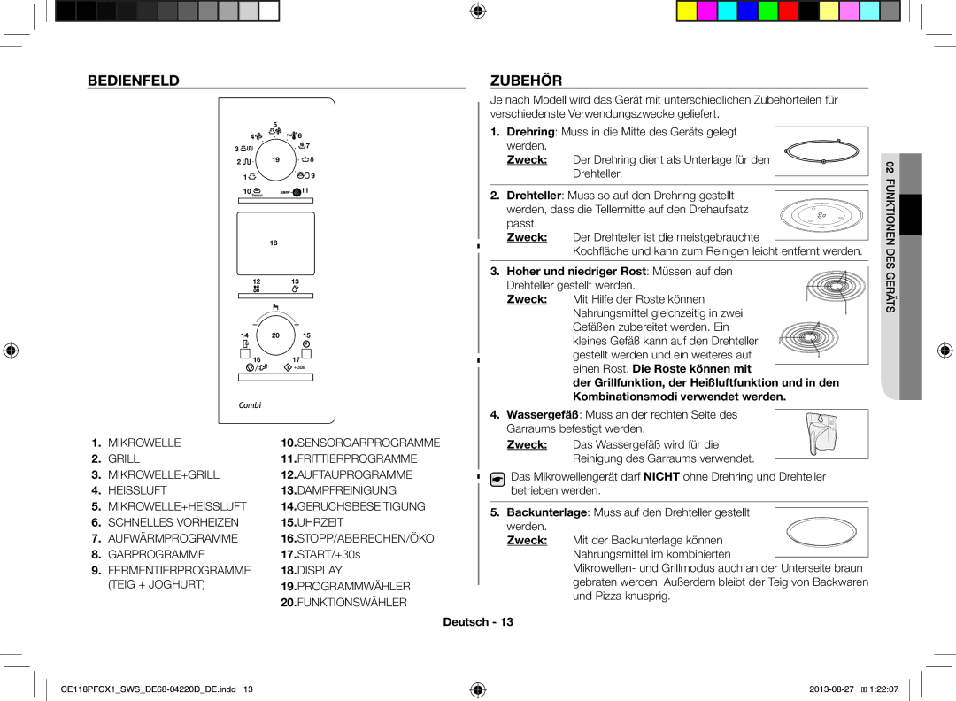 Samsung CE118PFCX1/SWS manual Bedienfeld Zubehör, START/+30s 