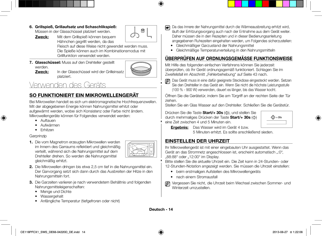 Samsung CE118PFCX1/SWS manual Verwenden des Geräts, SO Funktioniert EIN Mikrowellengerät, Einstellen DER Uhrzeit 