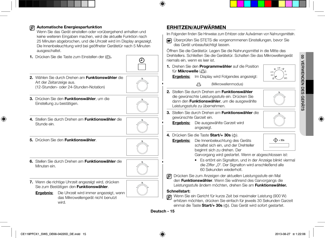 Samsung CE118PFCX1/SWS manual Erhitzen/Aufwärmen, Automatische Energiesparfunktion, Für Mikrowelle, Ergebnis, Schnellstart 