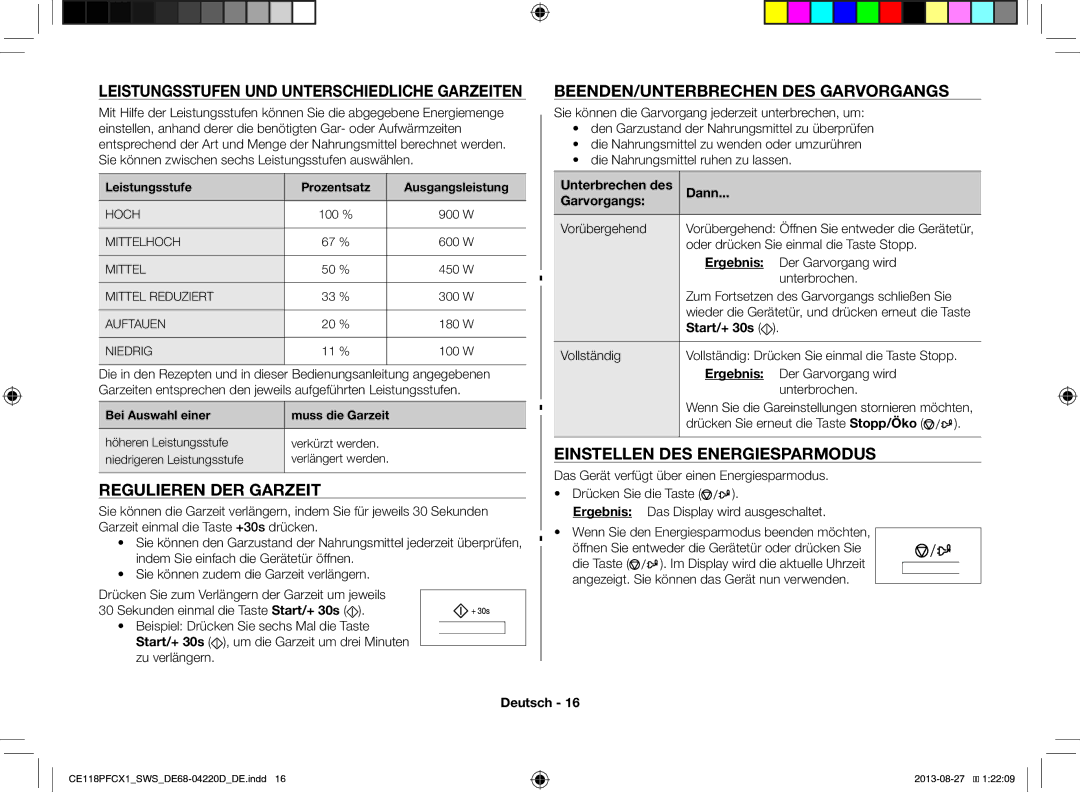 Samsung CE118PFCX1/SWS manual Regulieren DER Garzeit, BEENDEN/UNTERBRECHEN DES Garvorgangs, Einstellen DES Energiesparmodus 