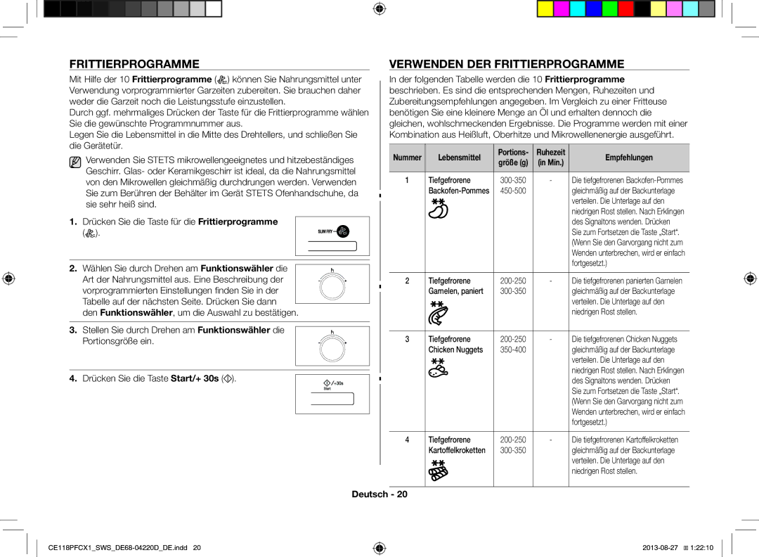 Samsung CE118PFCX1/SWS manual Verwenden DER Frittierprogramme, Lebensmittel, Fortgesetzt 