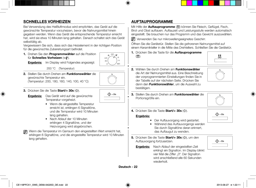 Samsung CE118PFCX1/SWS manual Schnelles Vorheizen Auftauprogramme, Für Schnelles Vorheizen 