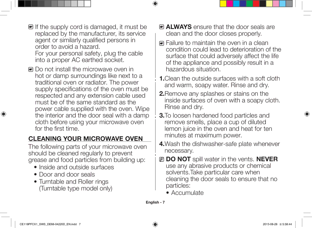 Samsung CE118PFCX1/SWS manual Cleaning Your Microwave Oven, Inside and outside surfaces Door and door seals 