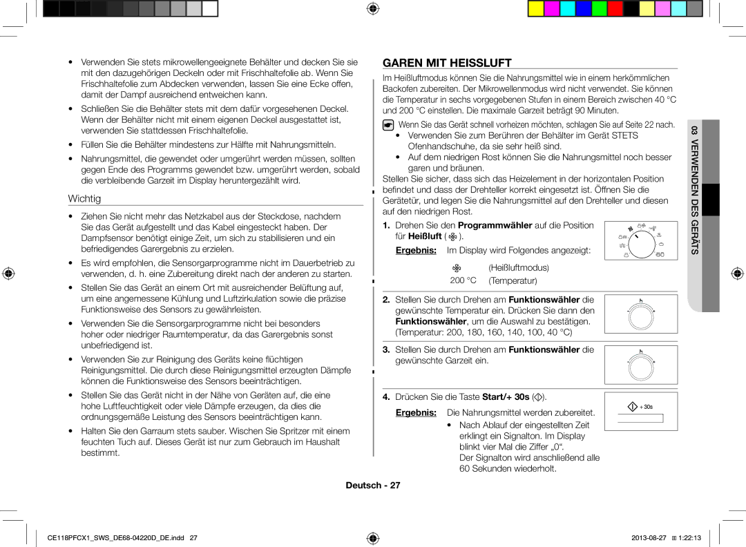 Samsung CE118PFCX1/SWS manual Garen MIT Heissluft, Wichtig 