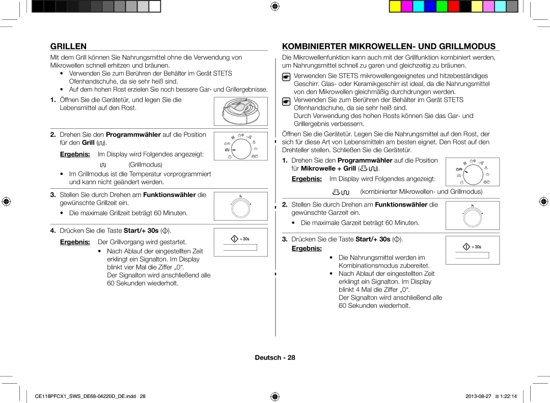 Samsung CE118PFCX1/SWS manual Grillen, Kombinierter MIKROWELLEN- UND Grillmodus, Für Mikrowelle + Grill 