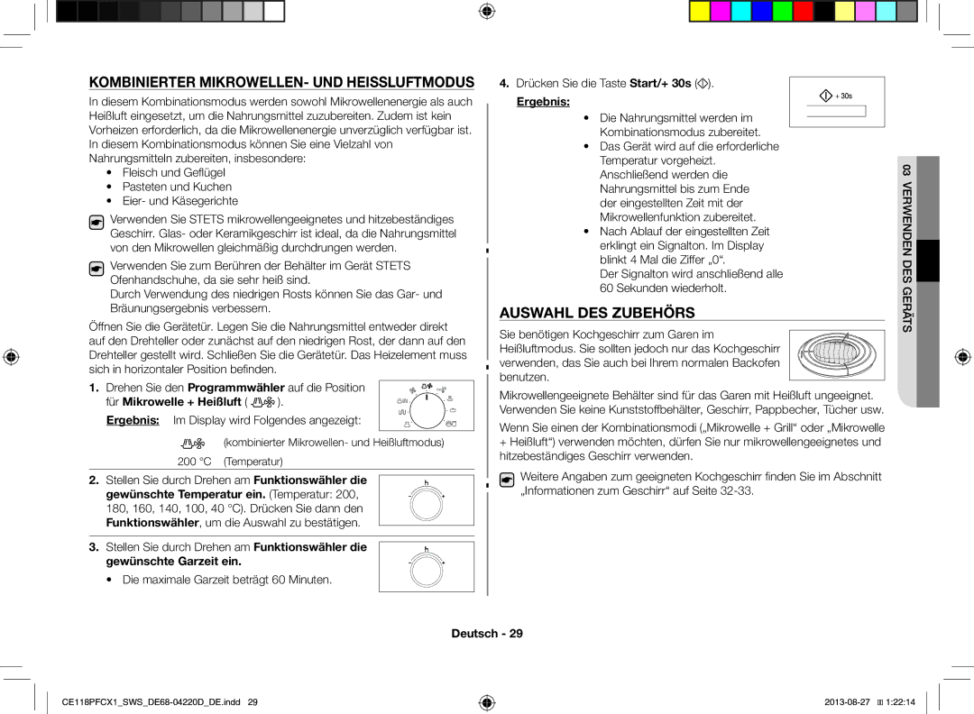 Samsung CE118PFCX1/SWS manual Kombinierter MIKROWELLEN- UND Heissluftmodus, Auswahl DES Zubehörs, Für Mikrowelle + Heißluft 