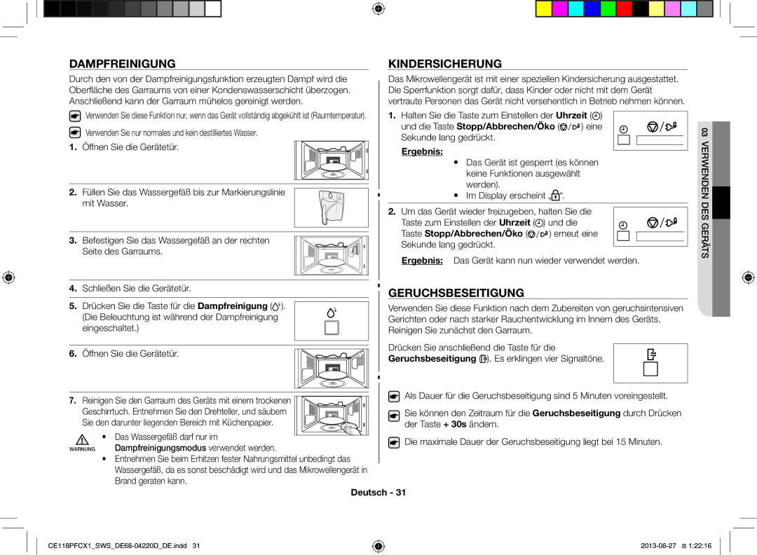 Samsung CE118PFCX1/SWS manual Dampfreinigung, Kindersicherung, Geruchsbeseitigung 