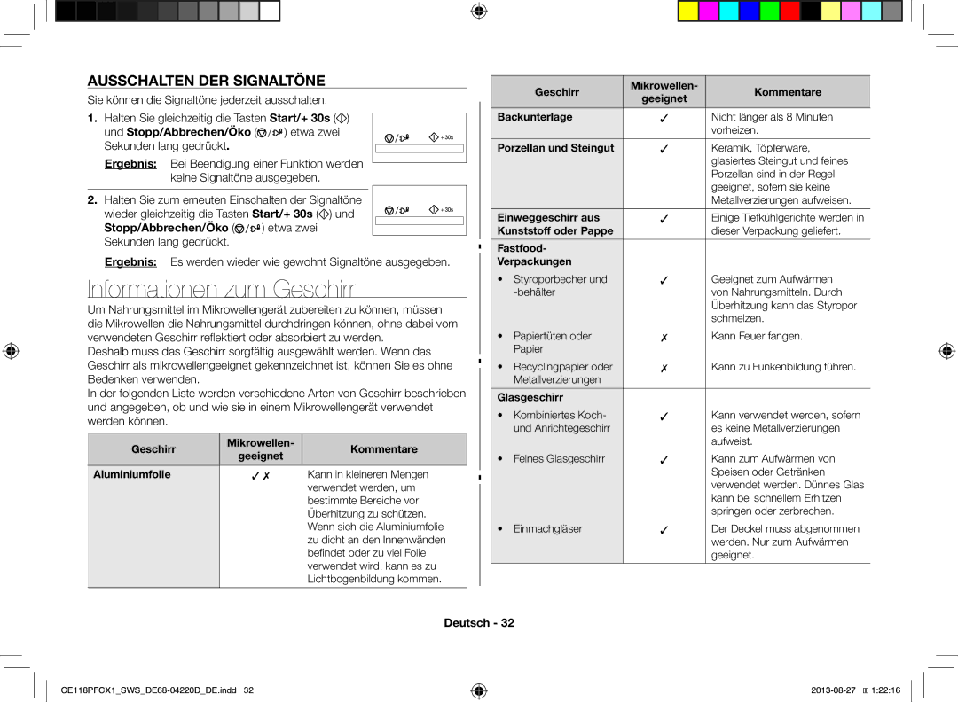 Samsung CE118PFCX1/SWS manual Informationen zum Geschirr, Ausschalten DER Signaltöne, Stopp/Abbrechen/Öko etwa zwei 