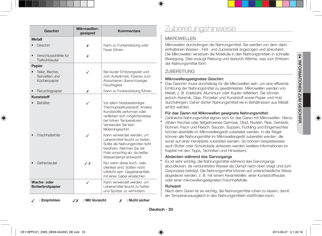 Samsung CE118PFCX1/SWS manual Zubereitungshinweise, Mikrowellen, Abdecken während des Garvorgangs 