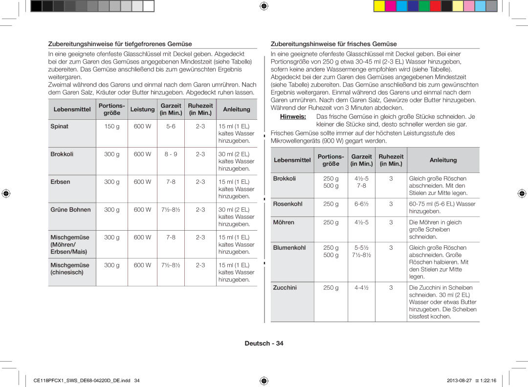 Samsung CE118PFCX1/SWS Zubereitungshinweise für frisches Gemüse, Lebensmittel Portions Garzeit Ruhezeit Anleitung Größe 