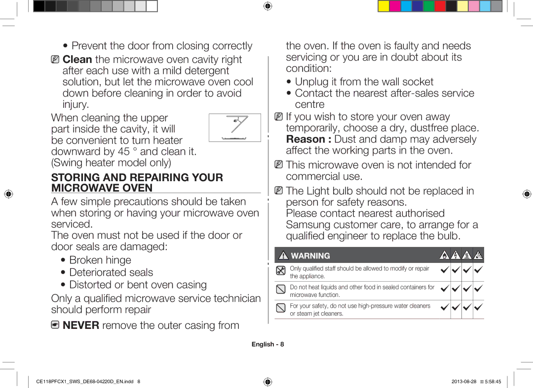 Samsung CE118PFCX1/SWS manual Storing and Repairing Your Microwave Oven 