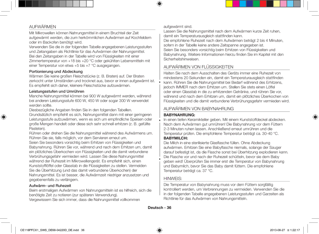 Samsung CE118PFCX1/SWS manual Aufwärmen VON Flüssigkeiten, Aufwärmen VON Babynahrung, Hinweis 