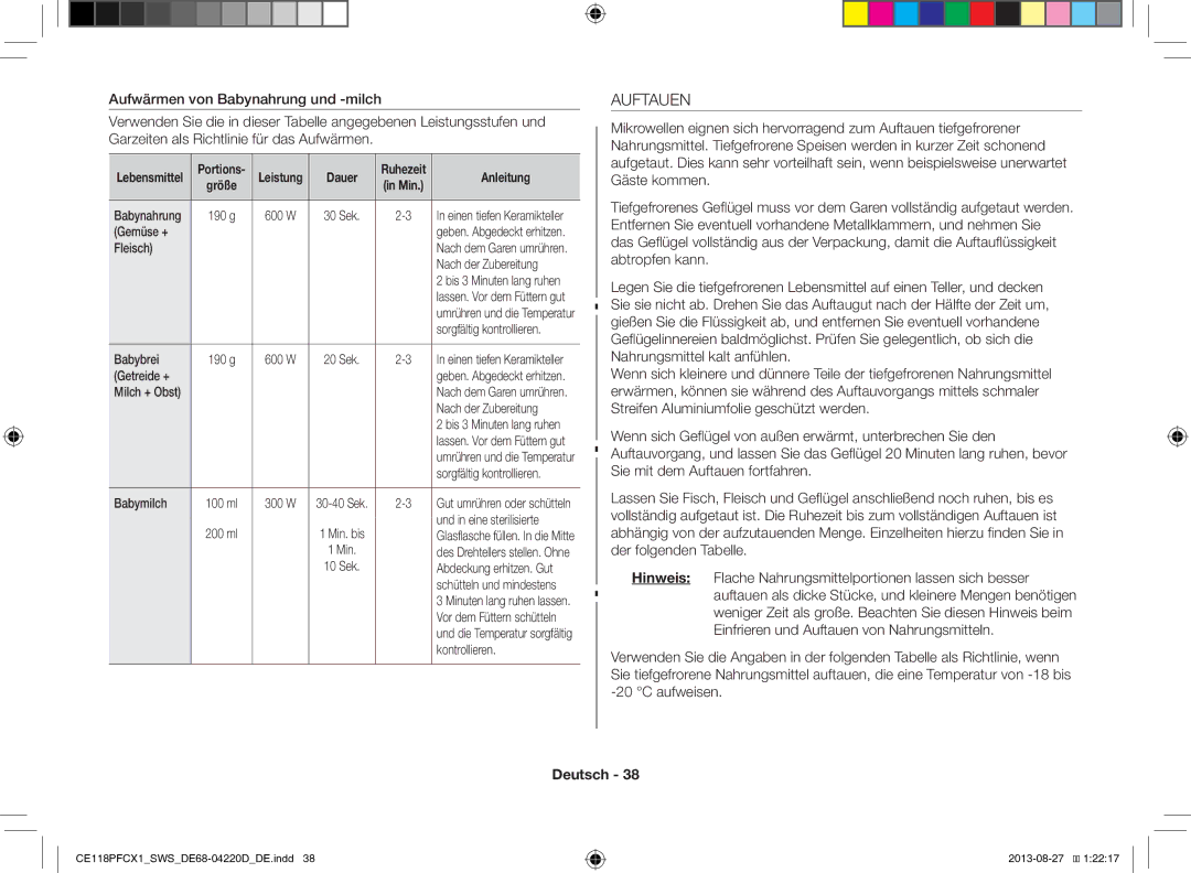 Samsung CE118PFCX1/SWS manual Auftauen, Dauer 