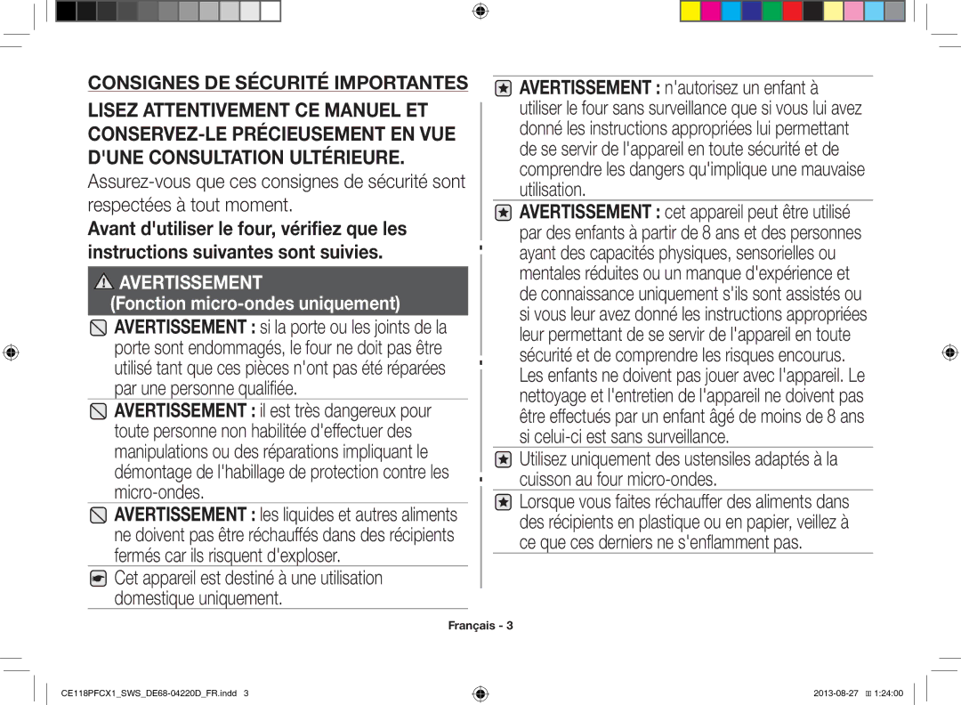 Samsung CE118PFCX1/SWS manual Avertissement 