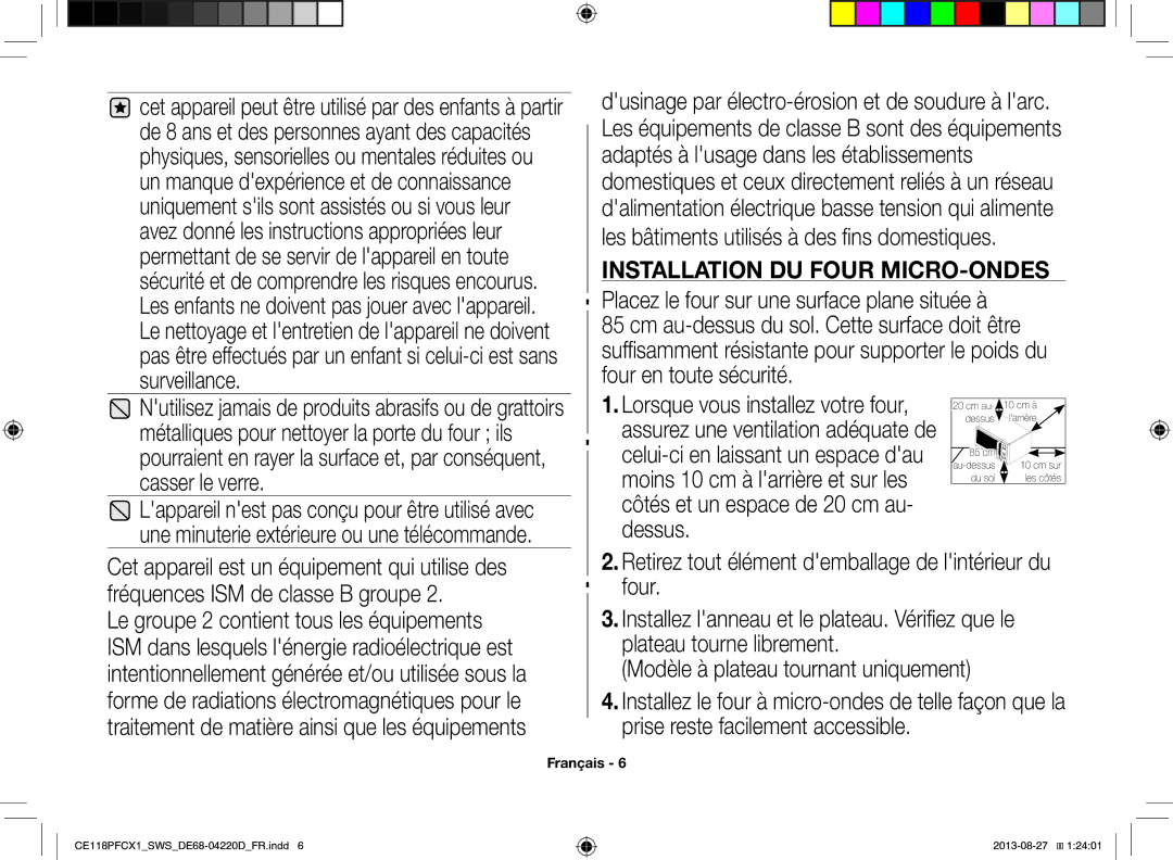 Samsung CE118PFCX1/SWS manual Installation DU Four MICRO-ONDES, Retirez tout élément demballage de lintérieur du four 