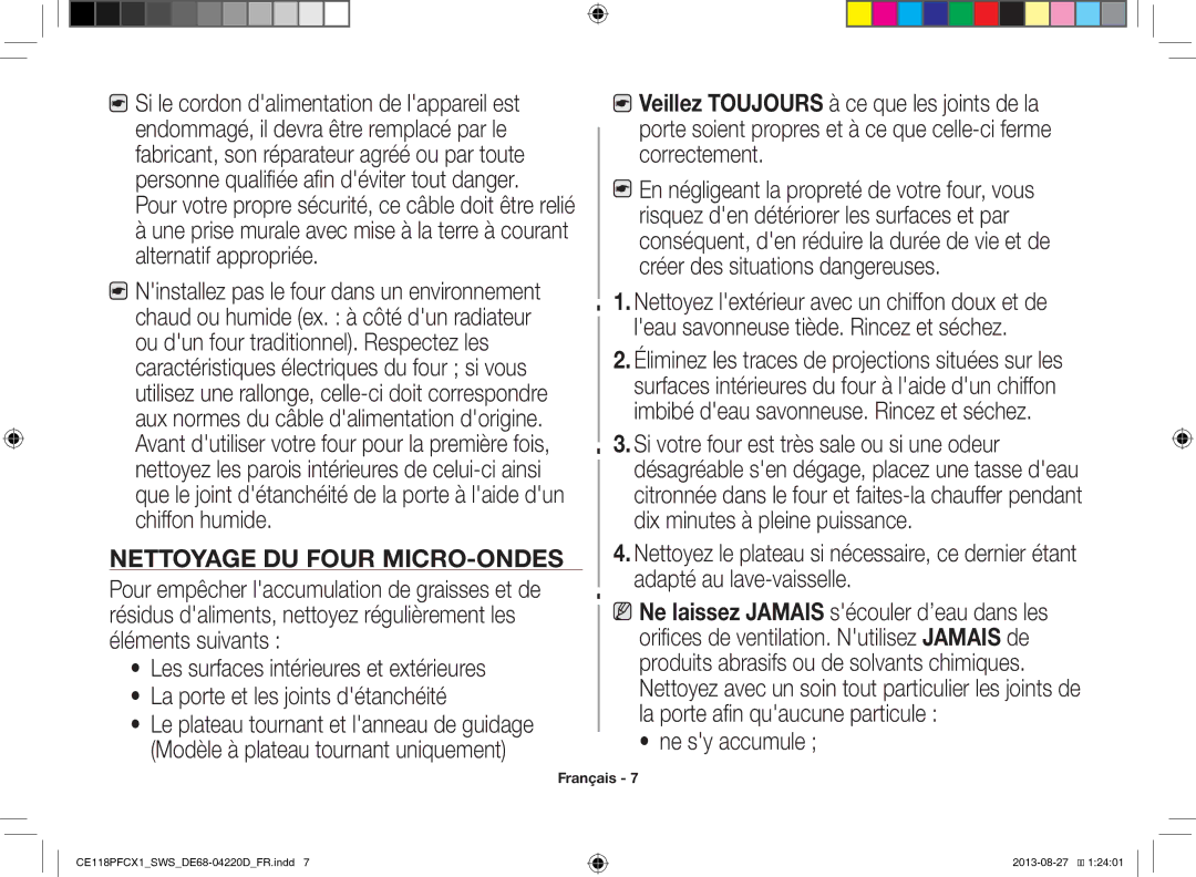 Samsung CE118PFCX1/SWS manual Nettoyage DU Four MICRO-ONDES, En négligeant la propreté de votre four, vous, Ne sy accumule 