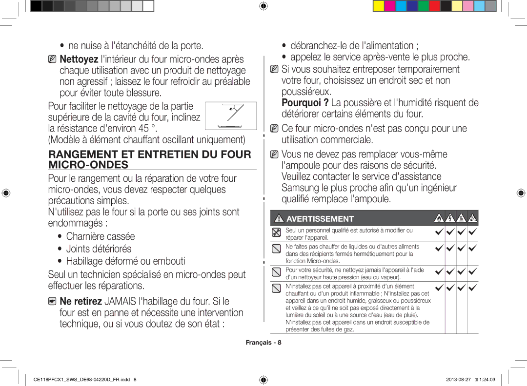 Samsung CE118PFCX1/SWS manual Ne nuise à létanchéité de la porte, La résistance denviron 