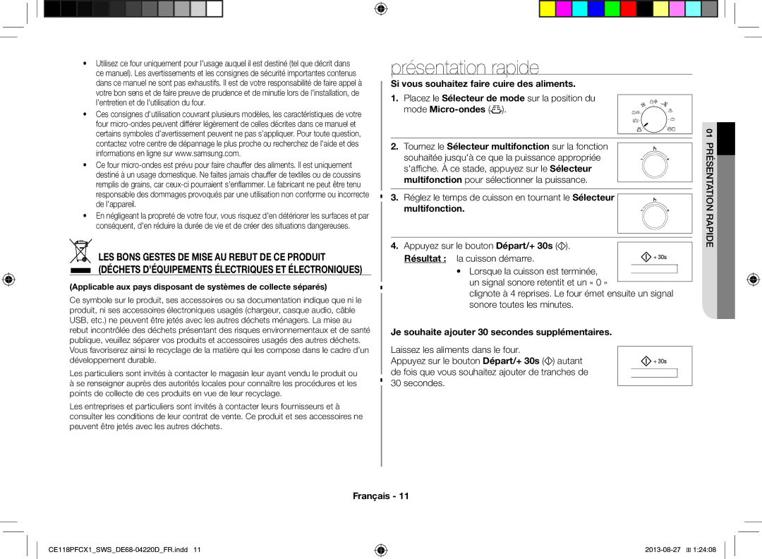 Samsung CE118PFCX1/SWS manual Présentation rapide, Si vous souhaitez faire cuire des aliments, 01 Présentation Rapide 