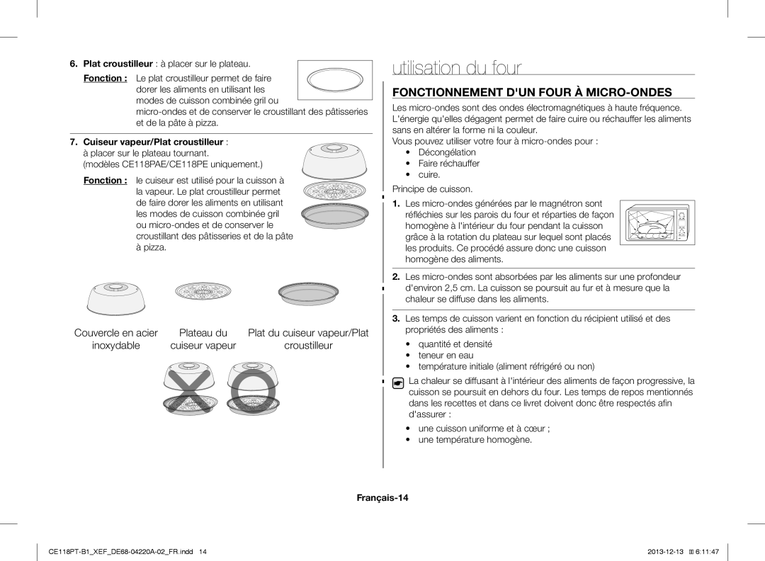 Samsung CE118PPTX1/XEF manual Utilisation du four, Fonctionnement DUN Four À MICRO-ONDES, Cuiseur vapeur/Plat croustilleur 