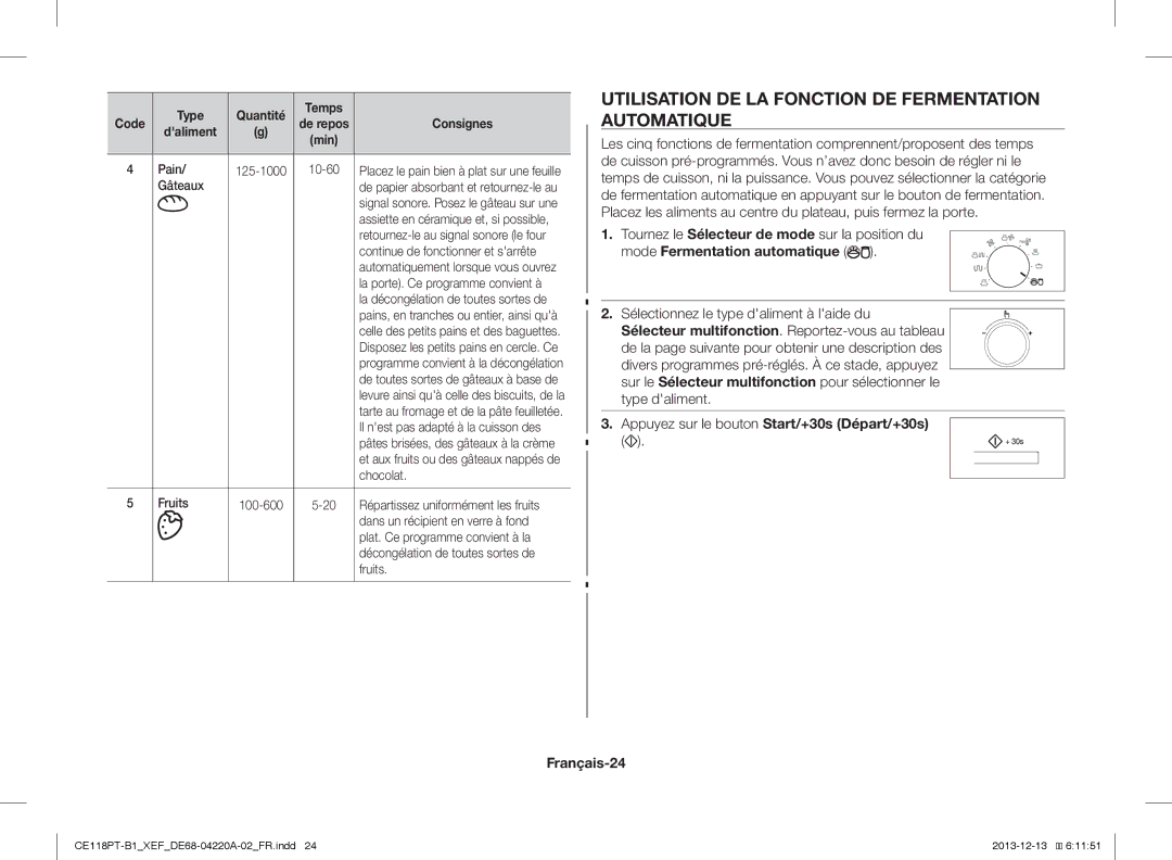 Samsung CE118PPTX1/XEF manual Utilisation DE LA Fonction DE Fermentation Automatique, Français-24, Type Quantité Temps 