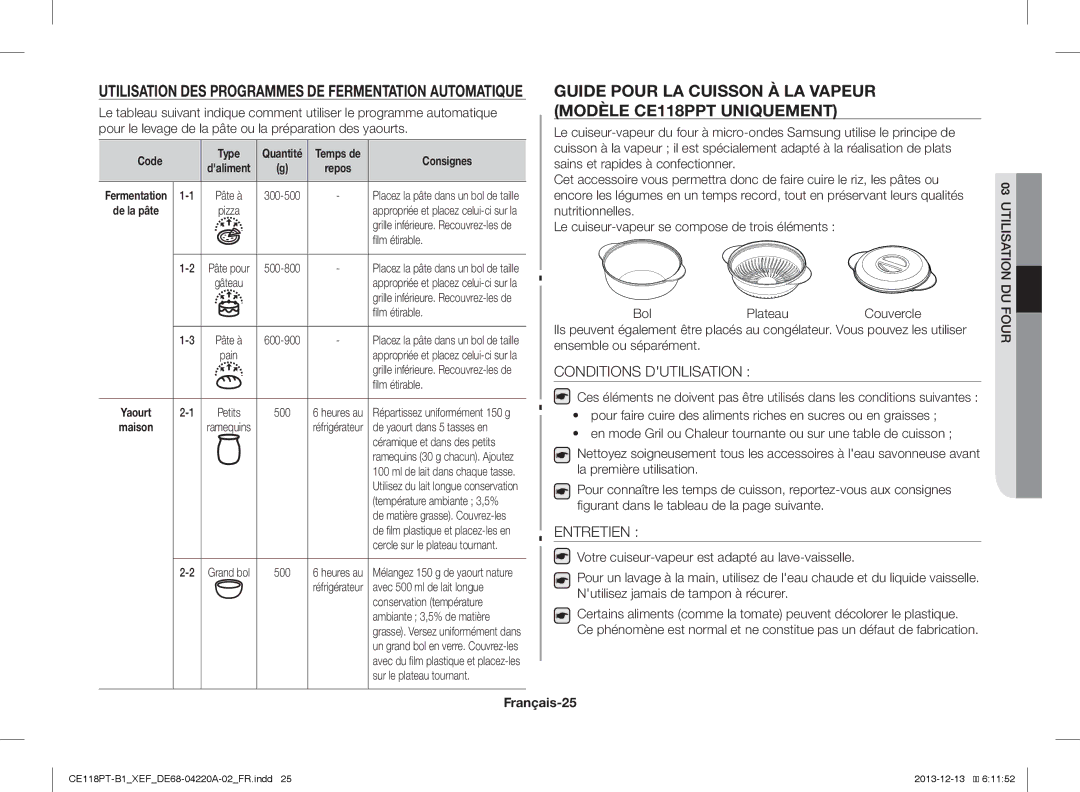 Samsung CE118PT-B1/XEF, CE118PPTX1/XEF manual Conditions Dutilisation, Entretien, Français-25, Code Type 