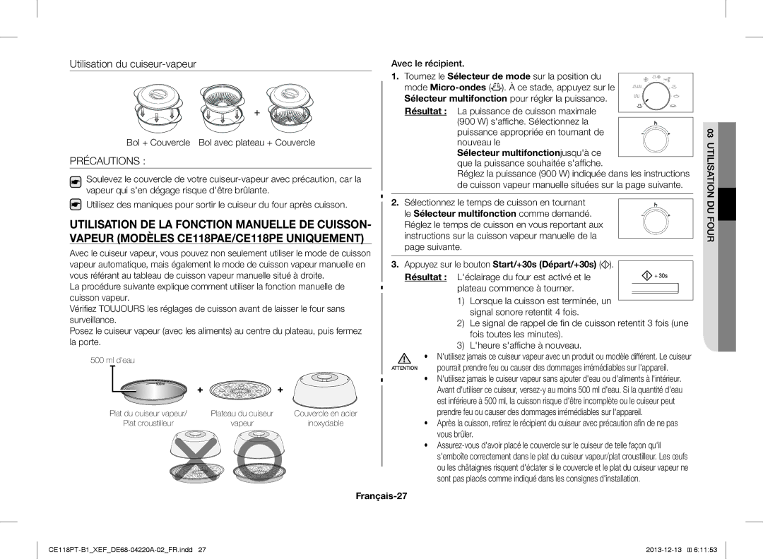 Samsung CE118PT-B1/XEF, CE118PPTX1/XEF Précautions, Bol + Couvercle Bol avec plateau + Couvercle, Français-27, Ml deau 