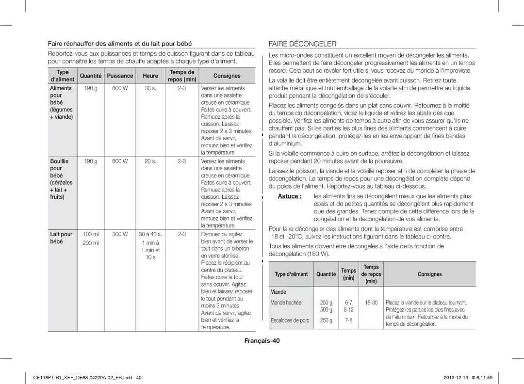 Samsung CE118PPTX1/XEF manual Faire Décongeler, Faire réchauffer des aliments et du lait pour bébé, Astuce, Français-40 