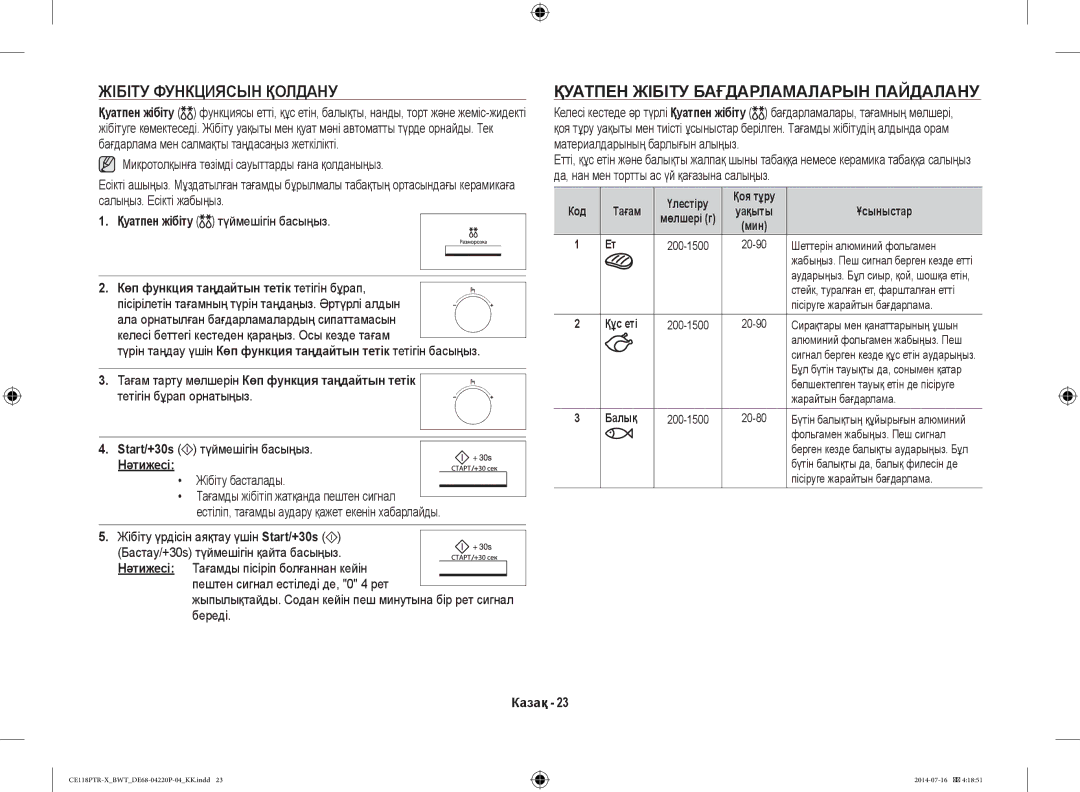 Samsung CE118PAERX/BWT, CE118PTR-X/BWT manual Жібіту Функциясын Қолдану, Қуатпен Жібіту Бағдарламаларын Пайдалану, Құс еті 