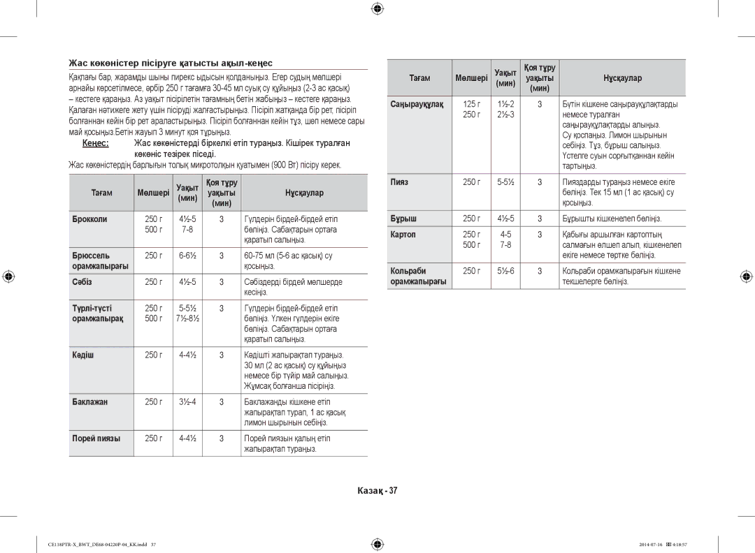 Samsung CE118PAERX/BWT, CE118PTR-X/BWT manual Жас көкөністер пісіруге қатысты ақыл-кеңес, 05 Пісіру Нұсқаулығы 