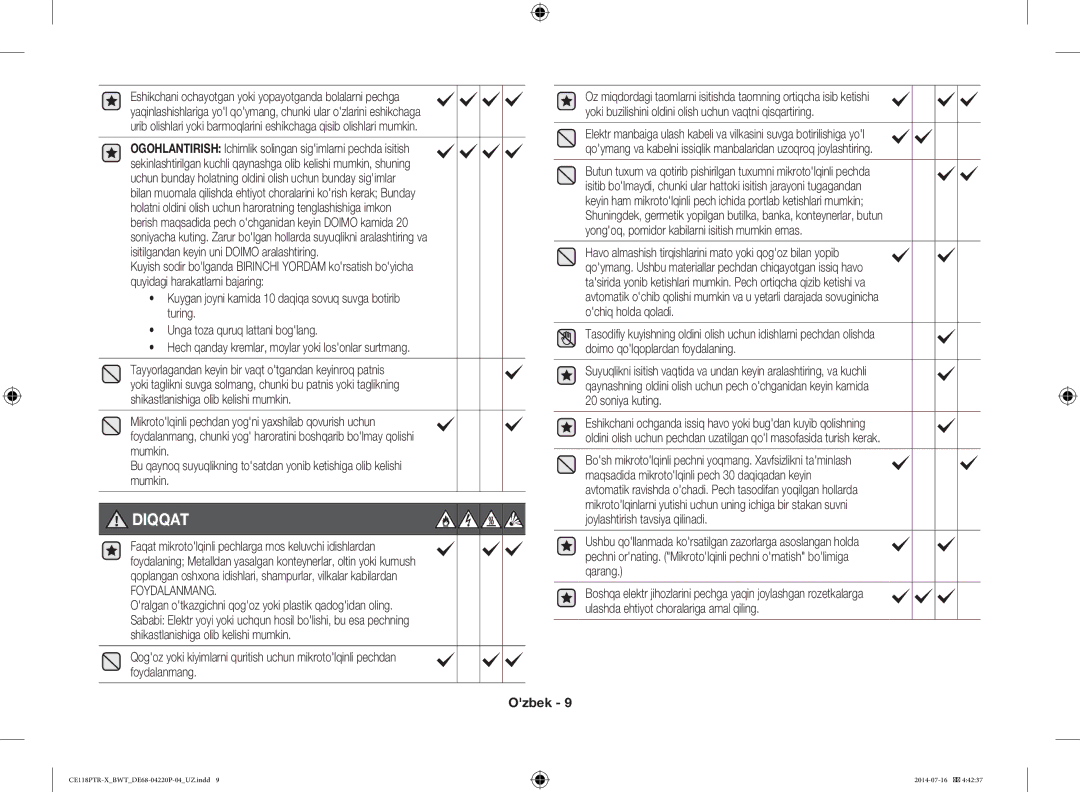 Samsung CE118PAERX/BWT, CE118PTR-X/BWT manual Diqqat, Foydalanmang 