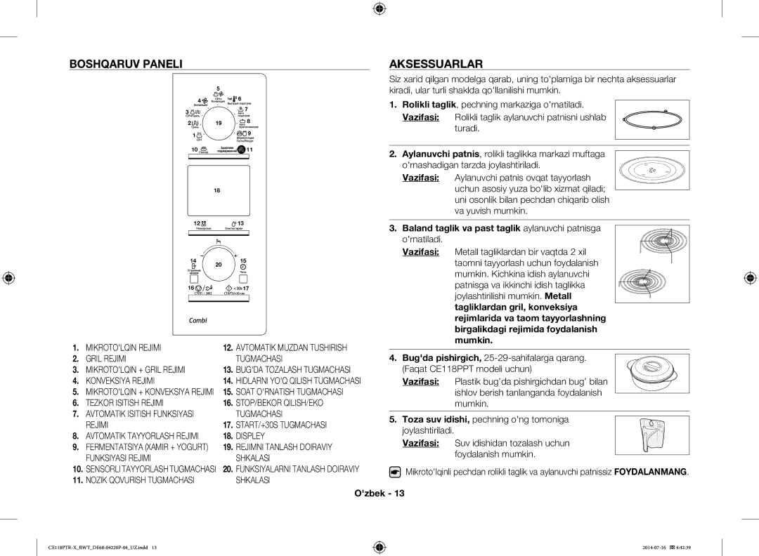 Samsung CE118PAERX/BWT, CE118PTR-X/BWT manual Boshqaruv Paneli Aksessuarlar 