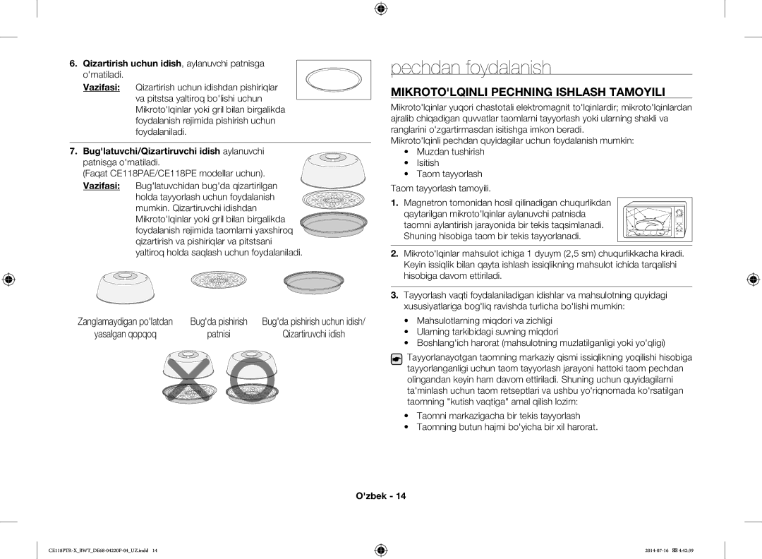 Samsung CE118PTR-X/BWT, CE118PAERX/BWT manual Pechdan foydalanish, Mikrotolqinli Pechning Ishlash Tamoyili 