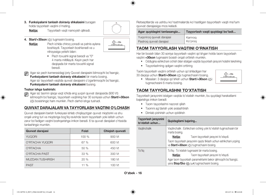 Samsung CE118PTR-X/BWT, CE118PAERX/BWT manual Taom Tayyorlash Vaqtini Ornatish, Taom Tayyorlashni Toxtatish 