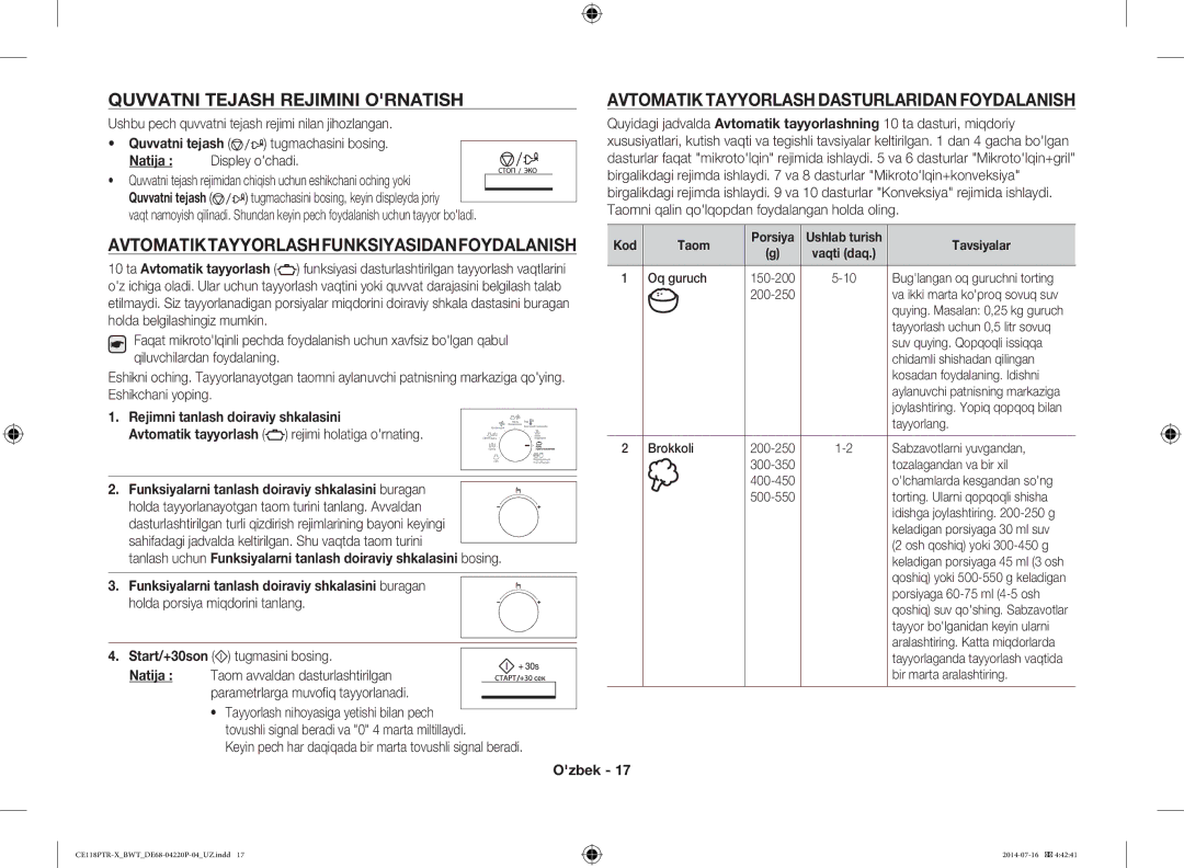 Samsung CE118PAERX/BWT, CE118PTR-X/BWT manual Quvvatni Tejash Rejimini Ornatish, Avtomatiktayyorlashfunksiyasidanfoydalanish 