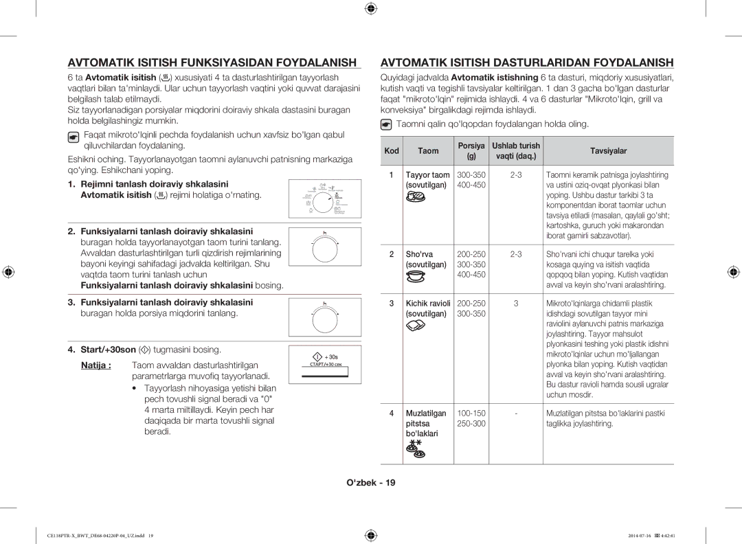 Samsung CE118PAERX/BWT manual Avtomatik Isitish Funksiyasidan Foydalanish, Avtomatik Isitish Dasturlaridan Foydalanish 