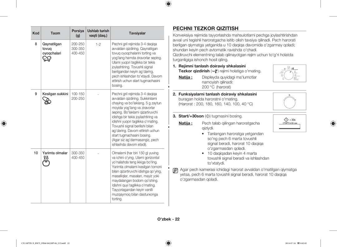 Samsung CE118PTR-X/BWT, CE118PAERX/BWT manual Pechni Tezkor Qizitish 