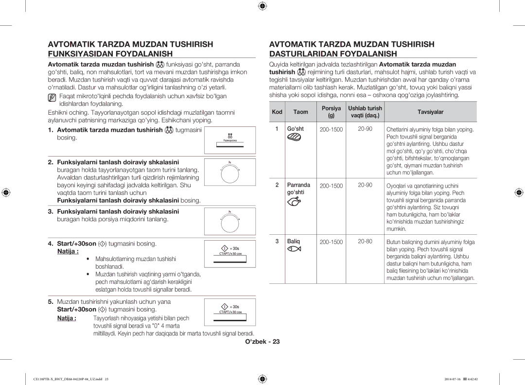 Samsung CE118PAERX/BWT, CE118PTR-X/BWT manual Avtomatik Tarzda Muzdan Tushirish Funksiyasidan Foydalanish, Boshlanadi 