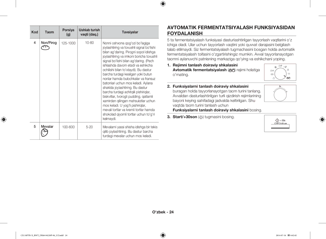 Samsung CE118PTR-X/BWT, CE118PAERX/BWT manual Avtomatik Fermentatsiyalash Funksiyasidan Foydalanish, Ornating 