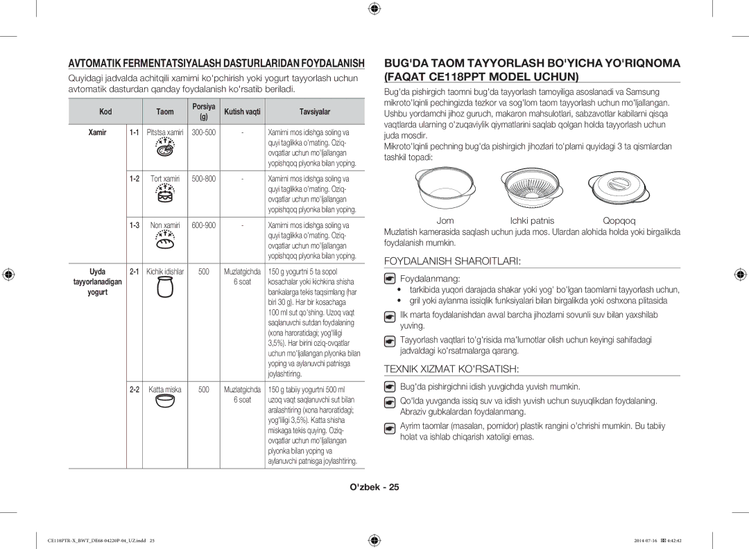 Samsung CE118PAERX/BWT, CE118PTR-X/BWT manual Foydalanish Sharoitlari, Texnik Xizmat Korsatish, Foydalanmang, Kod Taom 